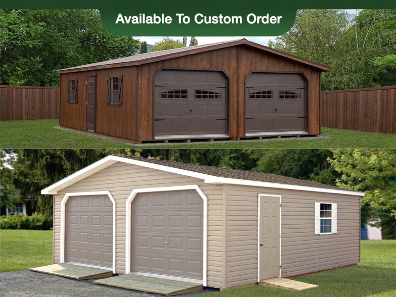Two-Car Modular Garage Building Photo Collage with Vinyl siding and LP Smart Side Siding