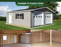 Two-Car Modular Garage Building Photo Collage with Vinyl siding and Interior Building Photos