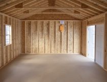 14x24 Peak Style Storage Shed with vinyl siding, a double door, four windows, and a loft built inside (Interior View)