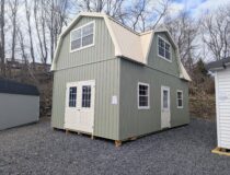 14x24 2-Story Meadow Board and Batten Vinyl Siding, Classic Sand Trim, Cobblestone Metal Roof