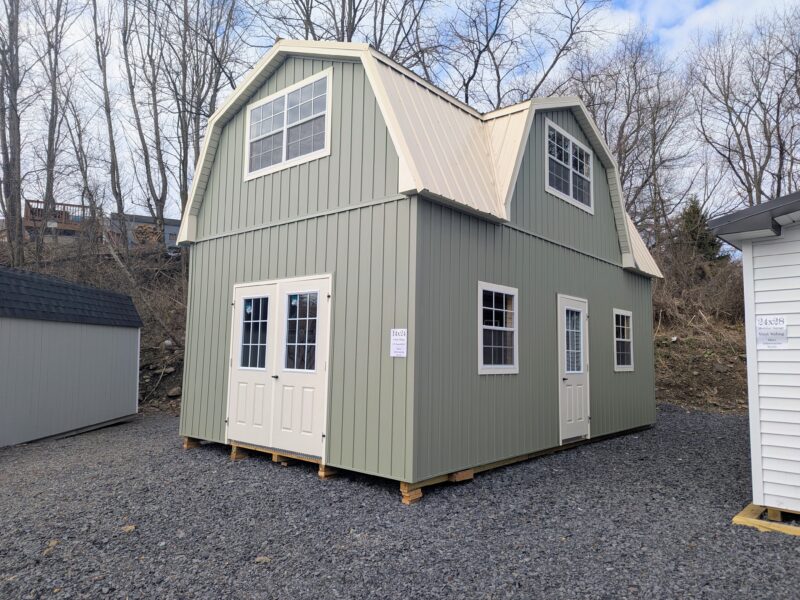 14x24 2-Story Meadow Board and Batten Vinyl Siding, Classic Sand Trim, Cobblestone Metal Roof