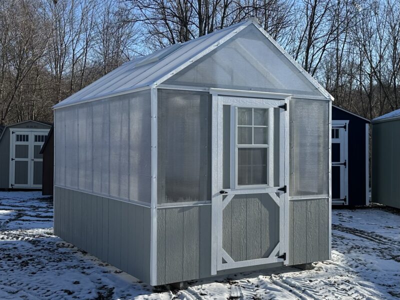 8x12 Greenhouse with 8mm polycarbonate panels and Light Grey LP Siding accents.