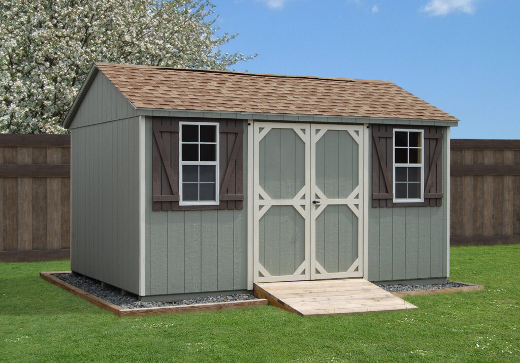 Side entry Peak Storage Shed With LP Smart Side Siding and Ramp Built By The Amish Craftsmen Of Pine Creek Structures