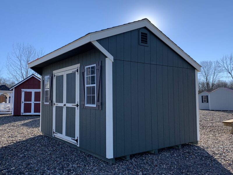 10x14 Cottage style shed in Avocado green with Navajo White trim and New England hinges in Berlin, CT.