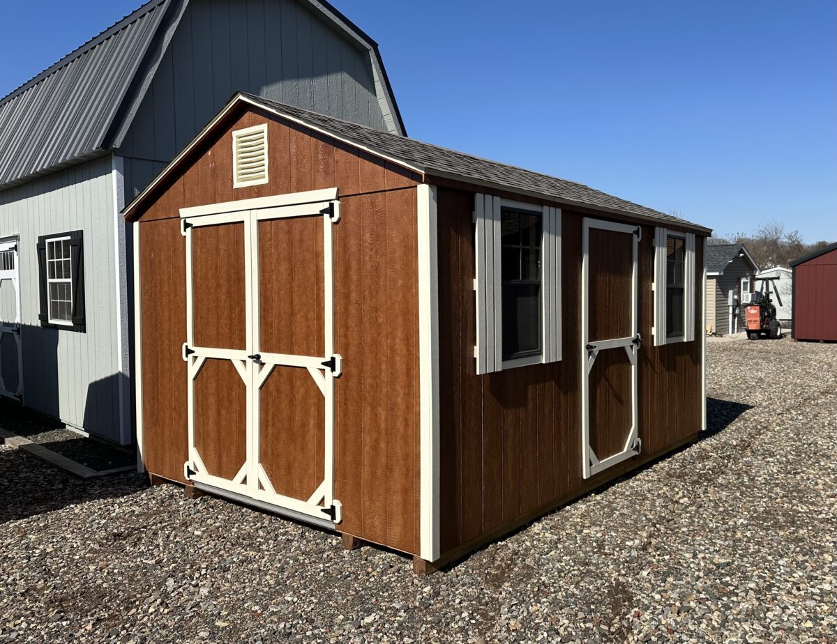 10x14 Madison Peak storage shed with Pecan stain and Navajo White trim in Berlin CT.