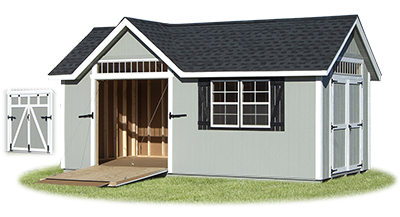 victorian deluxe storage shed with rampage door built by Pine Creek Structures