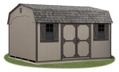 12 x 16 Gambrel Barn style storage shed with PC Clay LP Smart Side, windows, and natural timber shingles from Pine Creek Structures