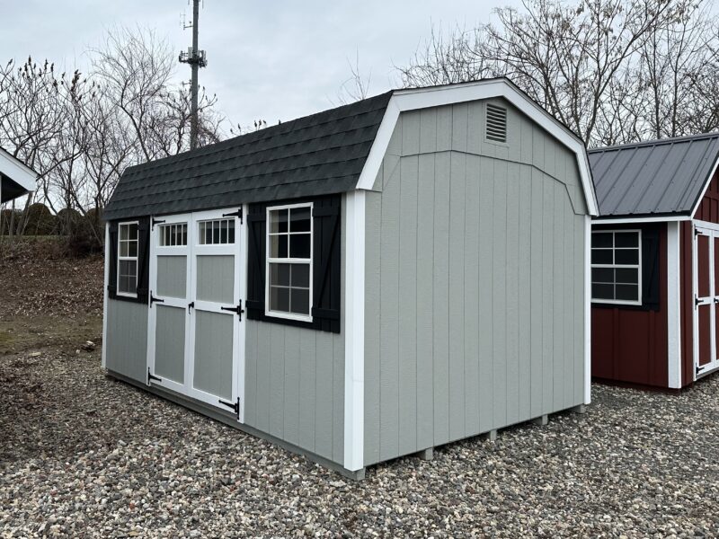 12x16 Dutch Barn shed in Light Grey with white trim and black Z shutters in Berlin CT.