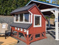 6x8 chicken coop in red LP SmartSide siding with white trim and black metal roof