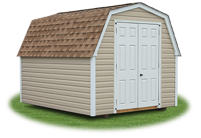 8x10 Madison Mini Barn Shed Basket Beige Vinyl, White Trim, Rustic Cedar Roof from Pine Creek Structures