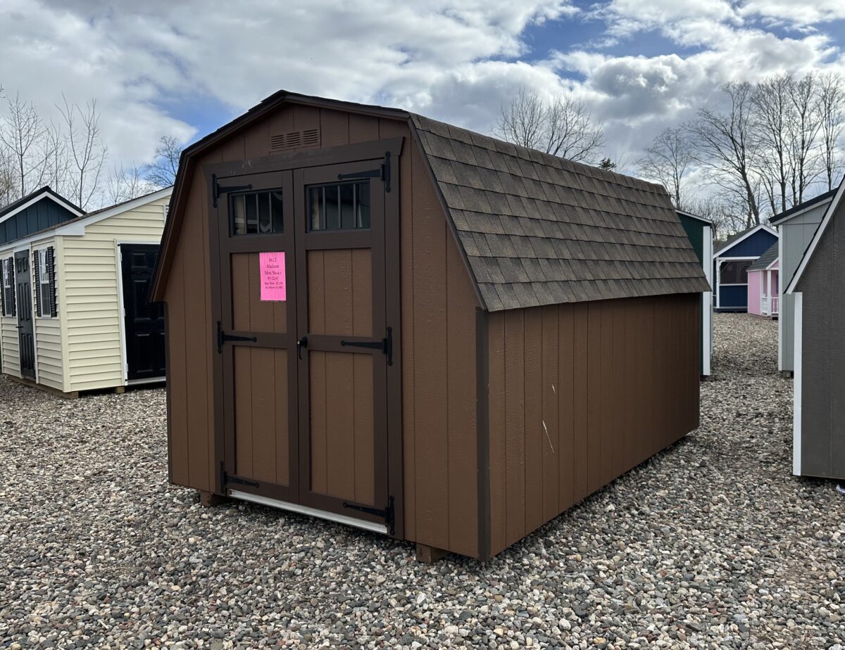 8x12 Madison Mini Barn in Chestnut with Dark Brown trim and Barkwood shingles in Berlin CT.