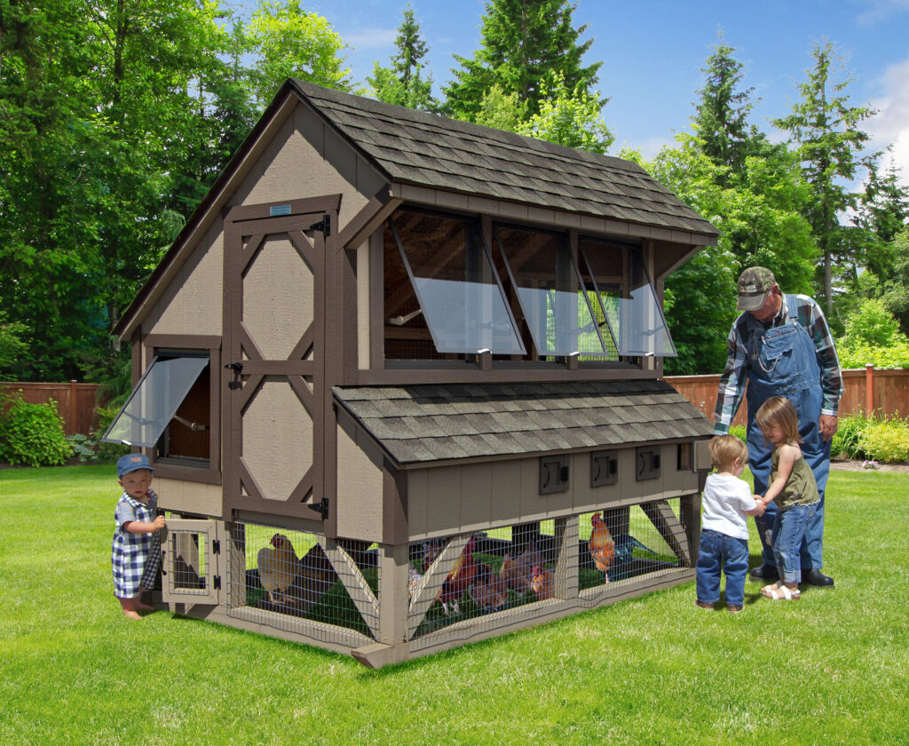 6x8 Chicken Condo (clay and bronze colored) being used with a grandfather and children collecting fresh eggs