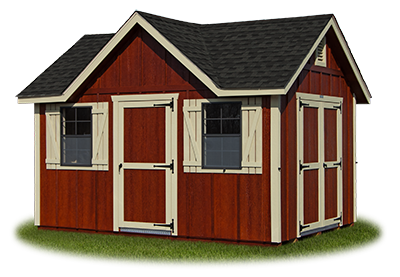 10 x 14 LP Board 'N' Batten Victorian Deluxe Redwood siding, beige trim, and rustic black shingle roof