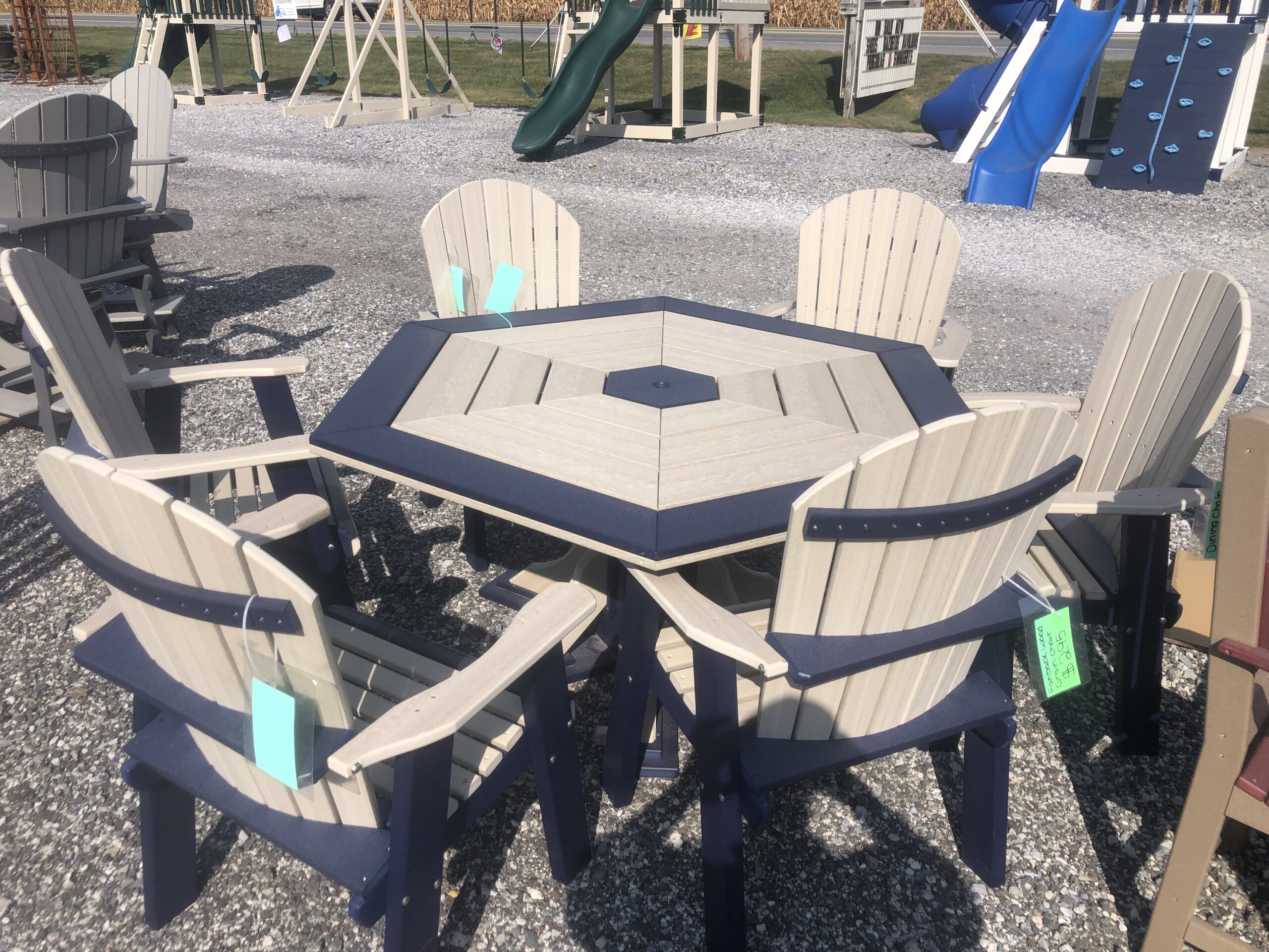 Poly Hexagon wood grain table and chairs