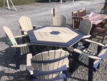 Poly Hexagon wood grain table and chairs