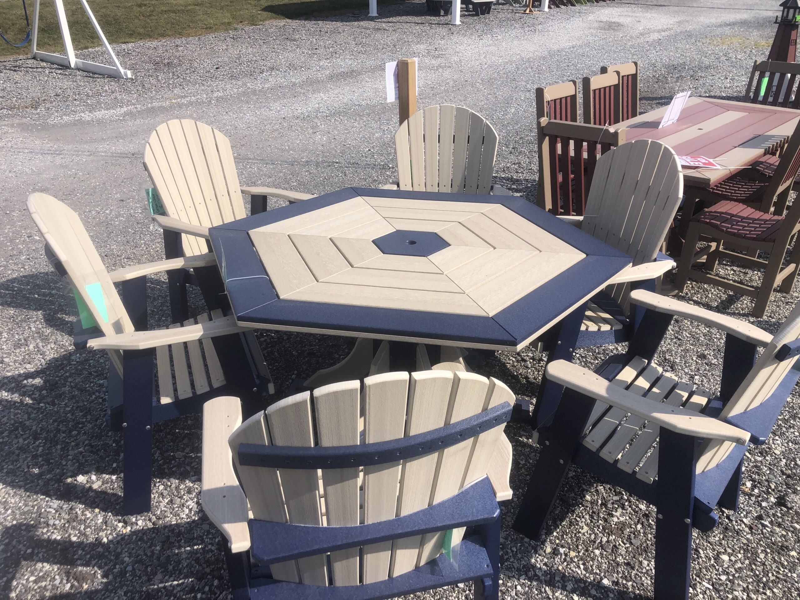Poly Hexagon wood grain table and chairs
