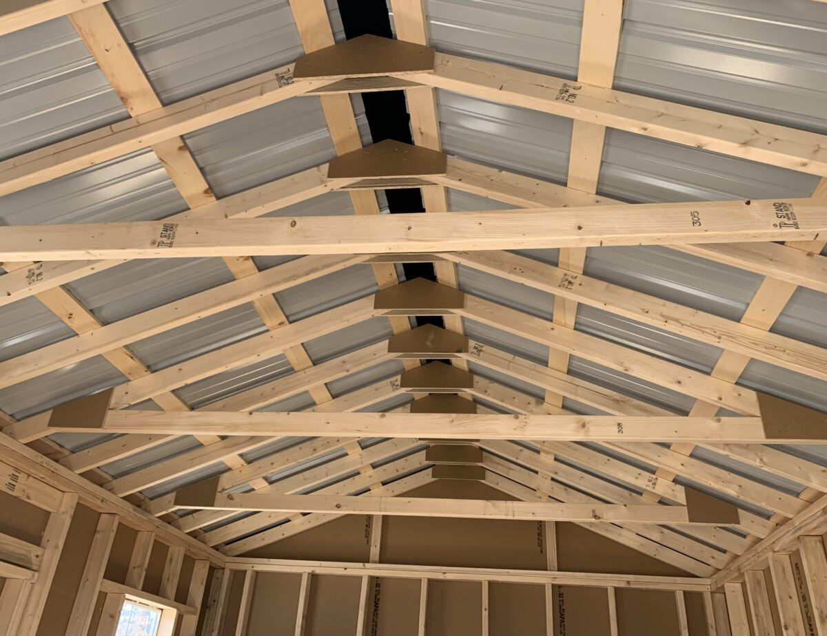 Black textured metal roof detail on a Pine Creek Structures shed