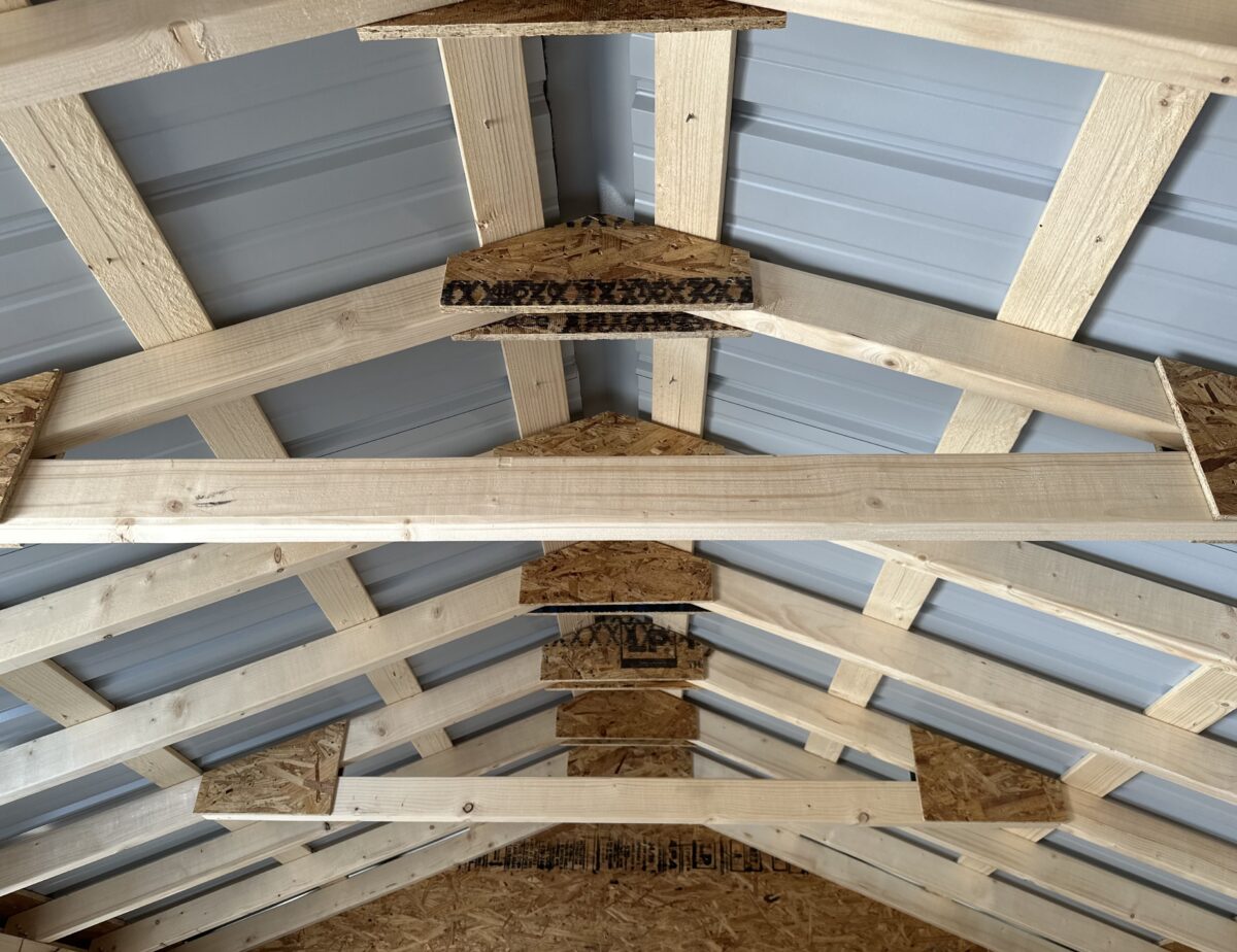 Interior of 10x16 shed featuring PerformMax heavy-duty flooring and wood framing.
