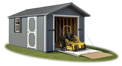 Rampage Door installed on a 10x16 LP Front Entry Peak Storage Shed (Open)