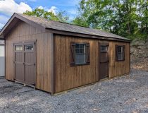 14x24 Peak Front in coffee siding and brown trim