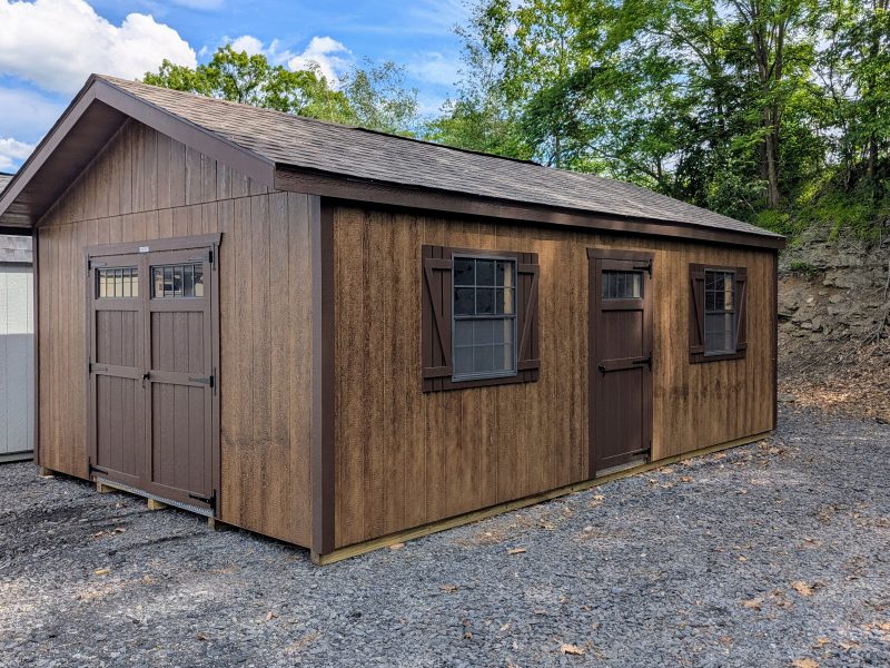 14x24 Peak Front in coffee siding and brown trim