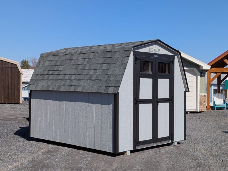 8x10 Madison Mini Barn Light Grey with Black Trim and Shadow Grey Asphalt Shingles