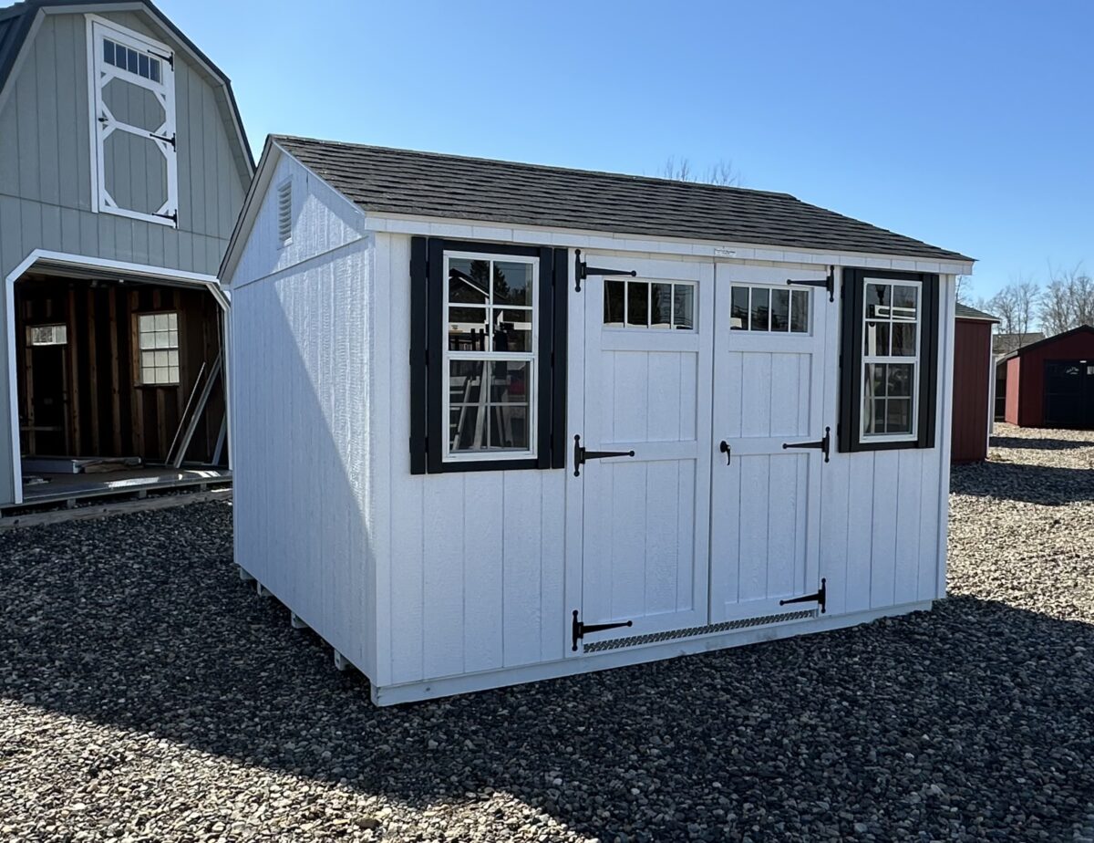 10x12 Peak A-Frame shed with white siding and black transom windows in Berlin CT.