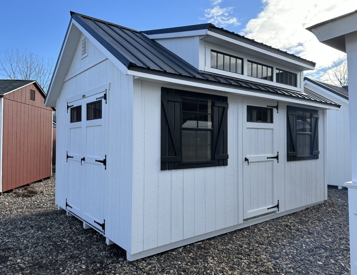 10x16 Cape style Amish shed with white siding and 112 inch roof dormer in Berlin CT.