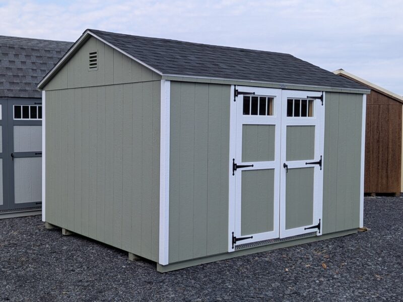10x12 Madison Series peak shed painted PC Green with white trim and a ransom window in the 5' double door