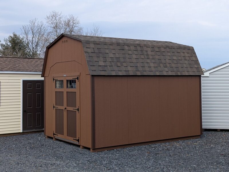 10x14 Madison Series Dutch shed painted in chestnut with dark brown trim