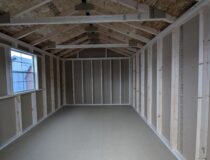 Interior of a 10x12 Peak Series shed with 2x4 framing at 16" on-center