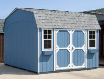 12x12 Dutch Barn Style Storage Shed with Wedgewood Blue LP Smart Side Siding and flower Boxes At The Windows