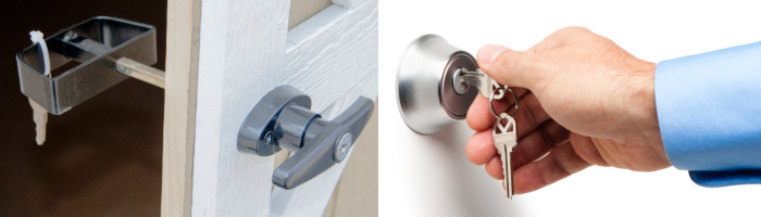 Images Illustrating Storage Shed Security Tip #1: Keep your shed locked (door handle with keys and hand turning key to lock deadbolt)
