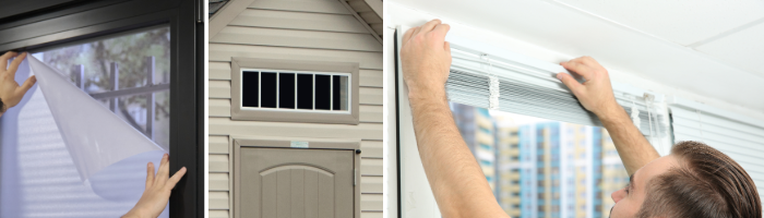 Images Illustrating Storage Shed Security Tip #4: Choose The Right Window Style and Window Placement (collage of window film application, transom windows installed above doors and mini blinds being hung)