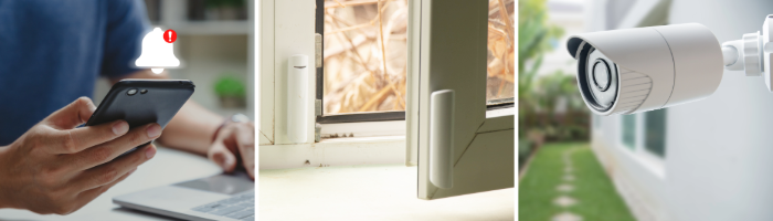 Images Illustrating Storage Shed Security Tip #5: Add An Alarm or Security Cameras To The Area (collage of alarm notification on cell phone, window magnet alarm, and outdoor security camera