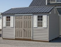 10x14 Peak Style Storage Shed with Gray Vinyl Siding, Black Metal Roof, Electric Package, and Built In Shelves