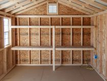 10x14 Peak Style Storage Shed Interior with Electric Package and Shelves
