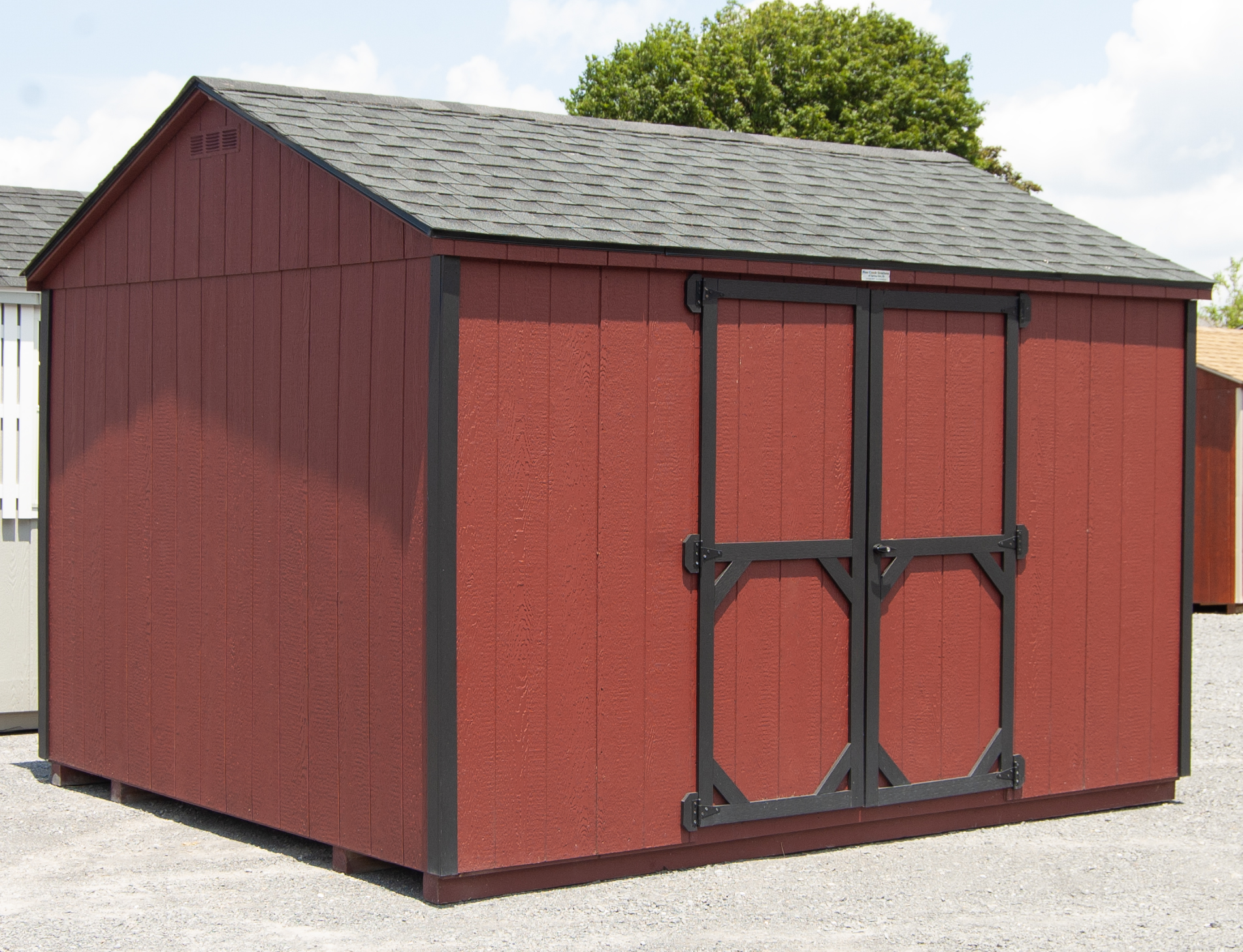 10x12 Madison Peak Shed with Red LP Smart Side Siding and Black Trim