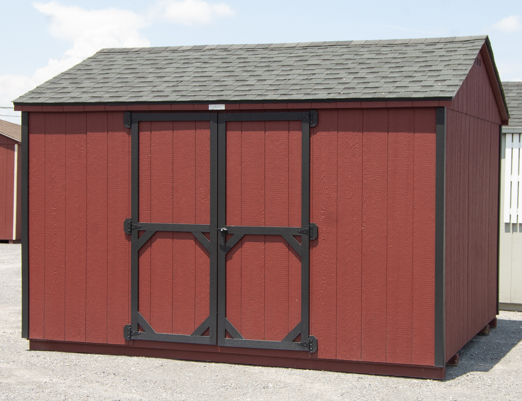 10x12 Madison Peak Shed with Red LP Smart Side Siding and Black Trim