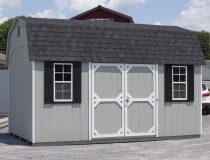 10x16 Dutch Barn Storage Shed with Grey LP Smart Side Siding, Black Shutters, White Trim and Charcoal Shingles