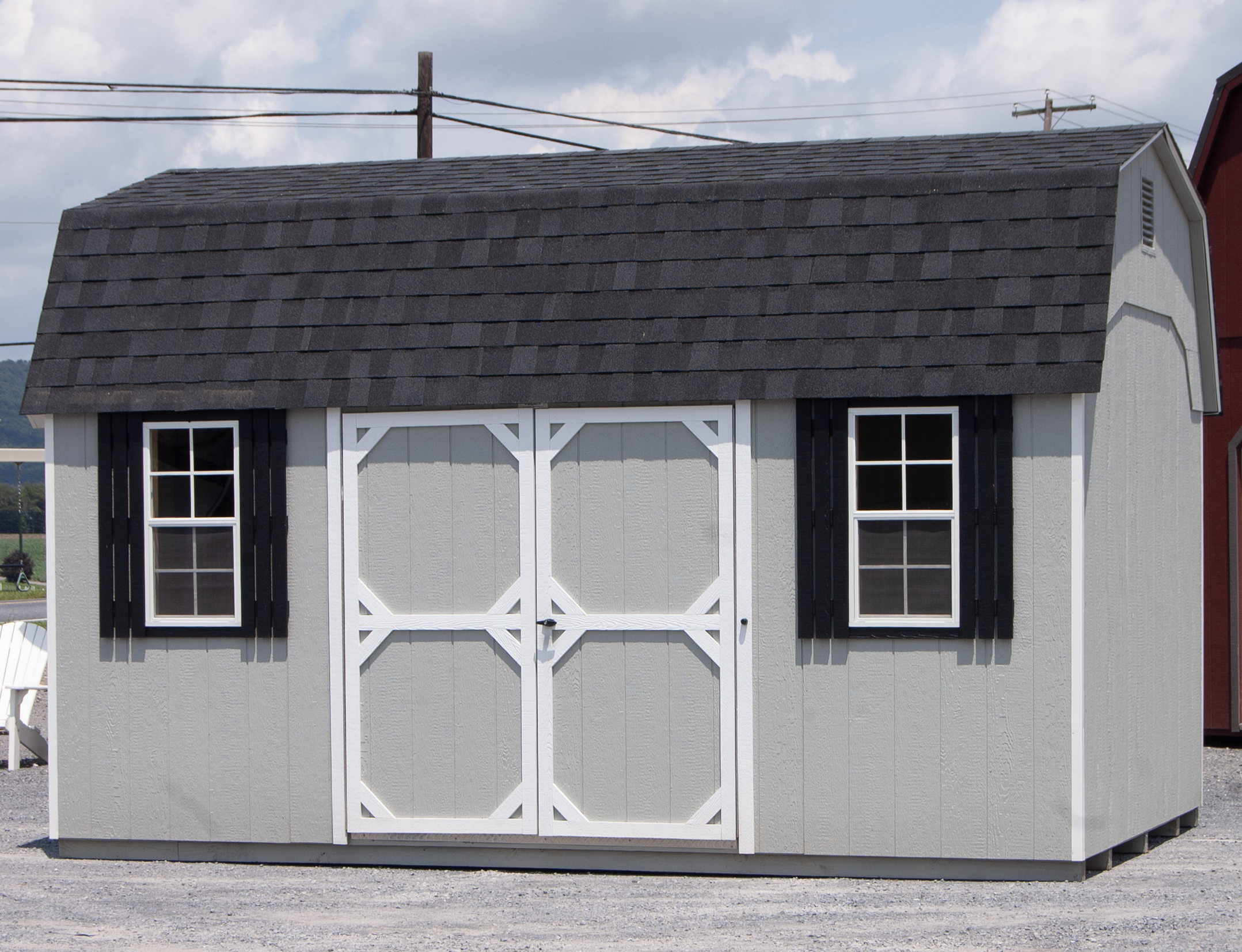10x16 Dutch Barn Storage Shed with Grey LP Smart Side Siding, Black Shutters, White Trim and Charcoal Shingles