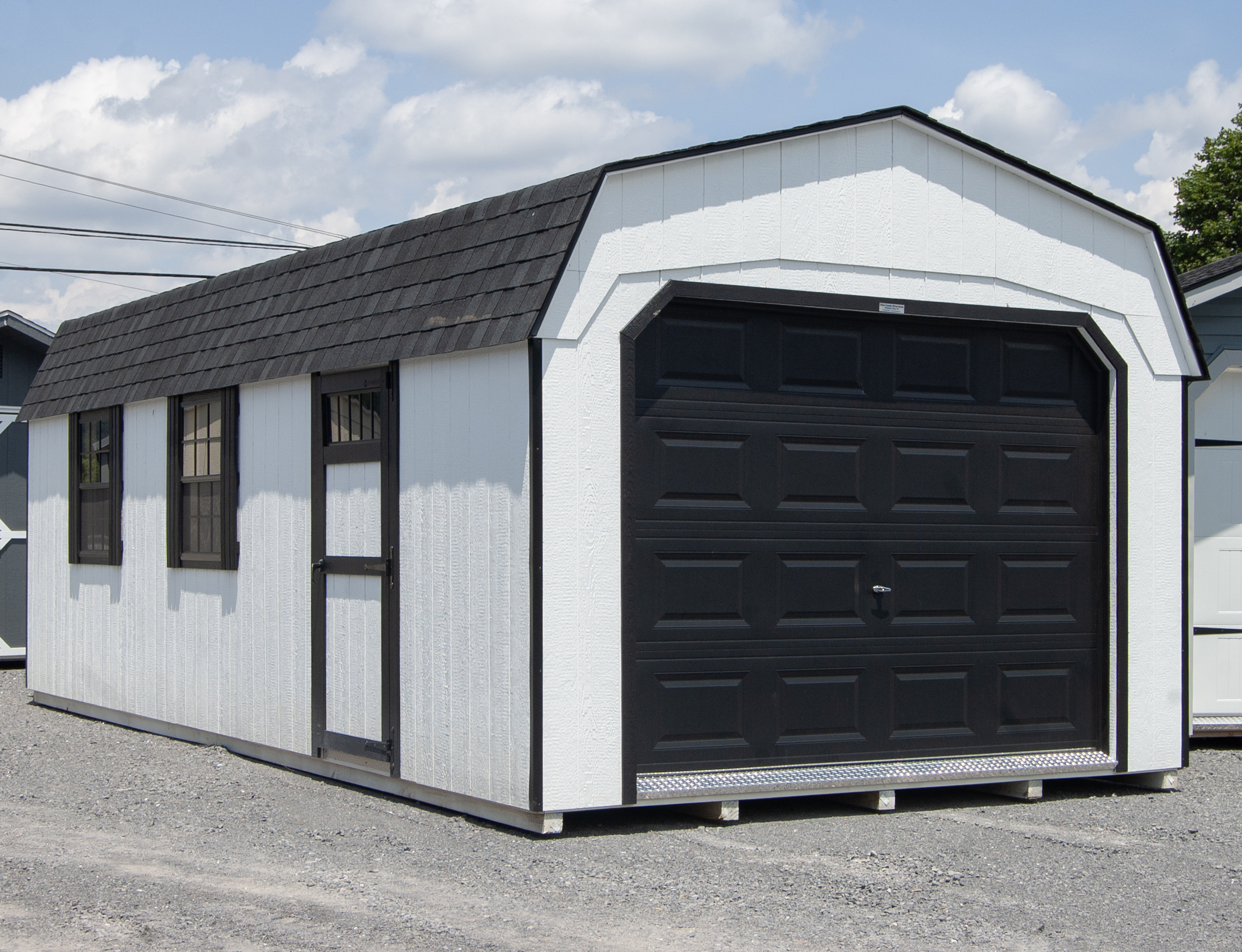 12x28 Dutch Style One-Car Garage with White LP Siding and Black Accents