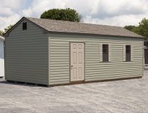12x24 Peak Style Storage Shed with Meadow Green Vinyl sideing and clay trim