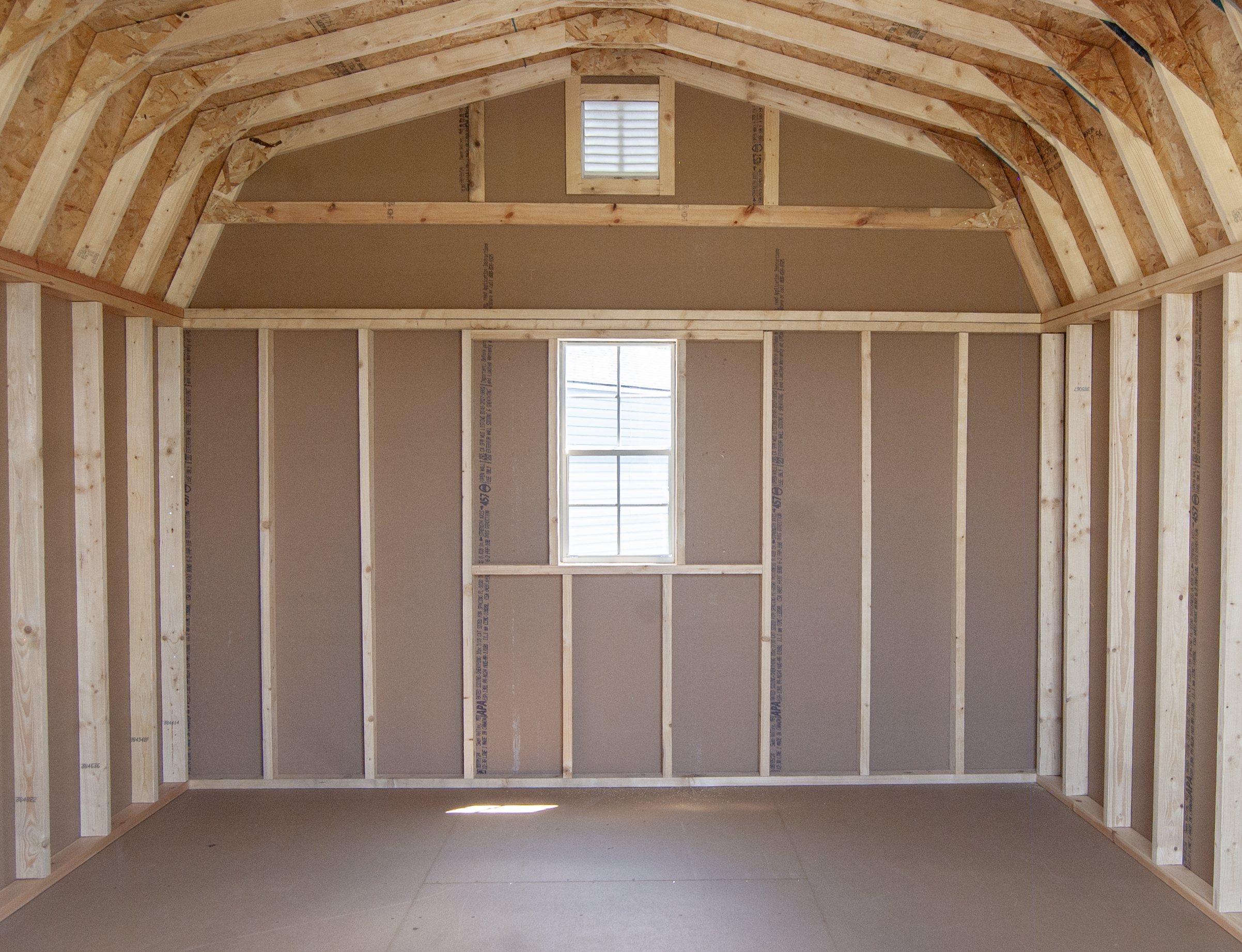 12x16 Dutch Barn Style Storage Shed interior (with window)