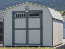12x16 Dutch Barn Style Storage Shed with grey siding and transom windows and gable end vents