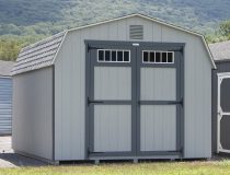 12x16 Dutch Barn Style Storage Shed with grey siding and transom windows in double doors