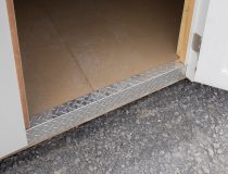 10x14 Peak Style Storage Shed with Harbor Stone Grey Vinyl Siding and a diamond tread plate