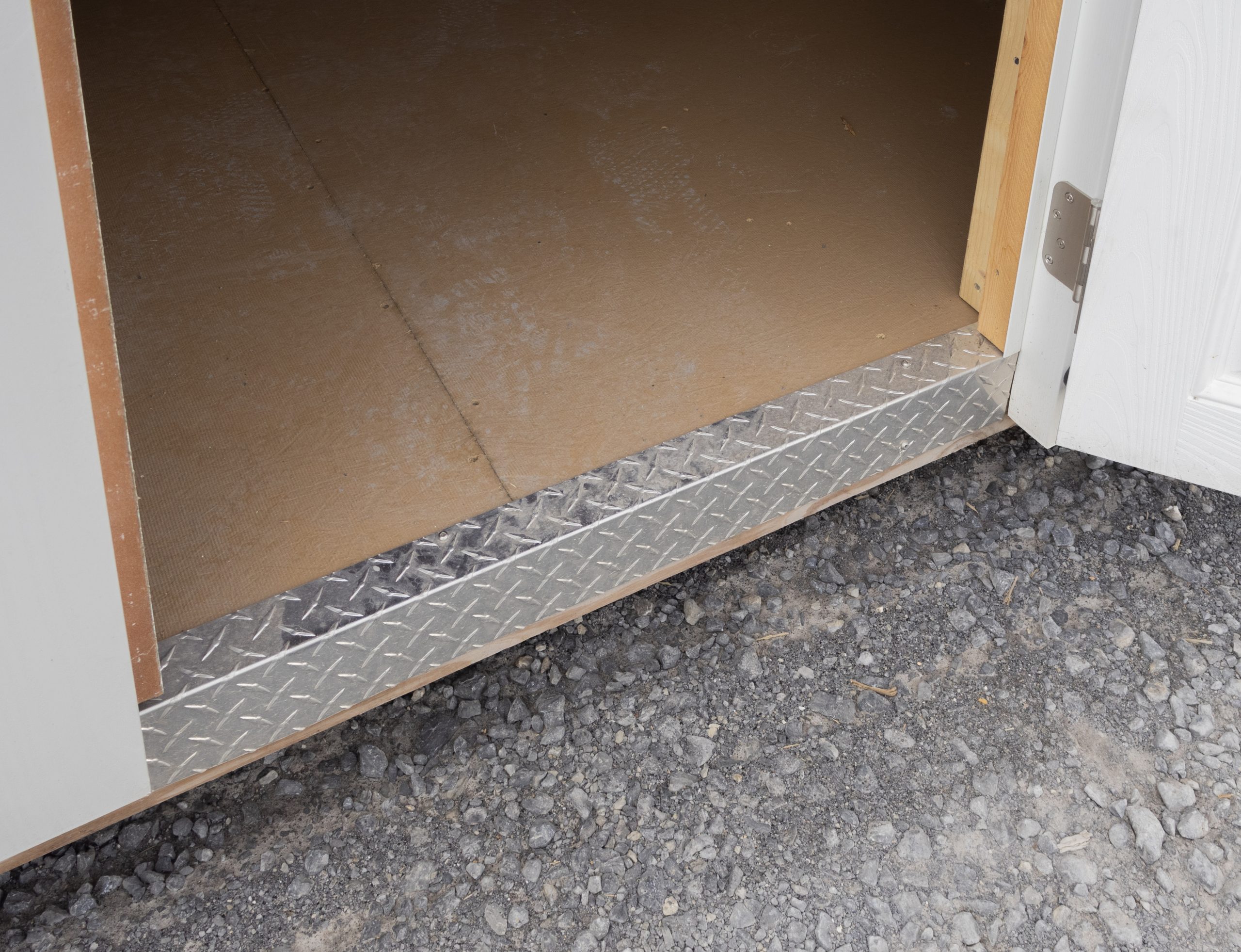 10x14 Peak Style Storage Shed with Harbor Stone Grey Vinyl Siding and a diamond tread plate