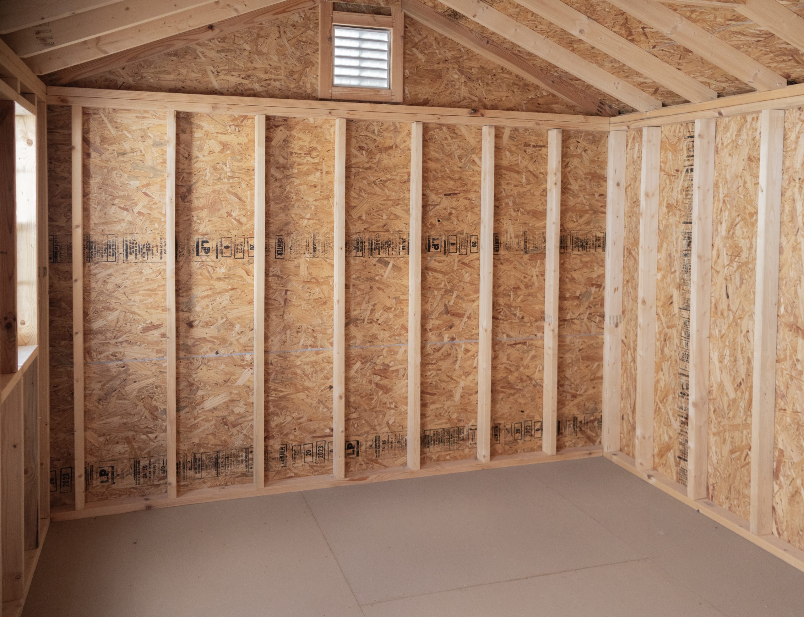 10x14 Peak Style Storage Shed with Harbor Stone Grey Vinyl Siding (Interior View)