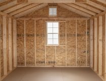 10x14 Peak Style Storage Shed With Vinyl Siding, Double Door in front, and window in back
